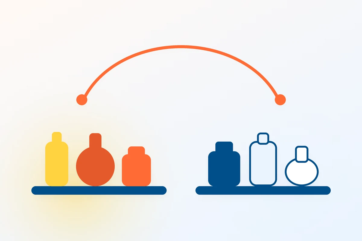 Two shelves of differently shaped jars and bottles connected by an arc