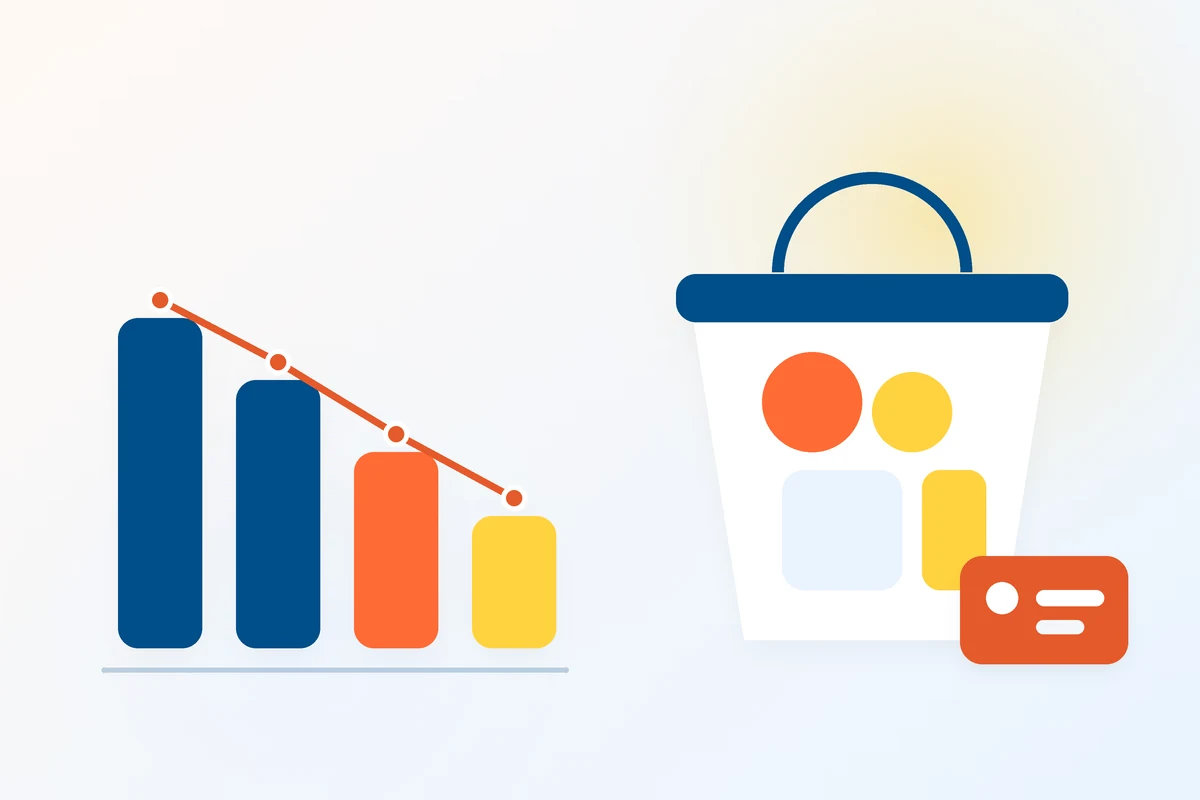 A falling bar chart beside a full shopping basket with a price tag