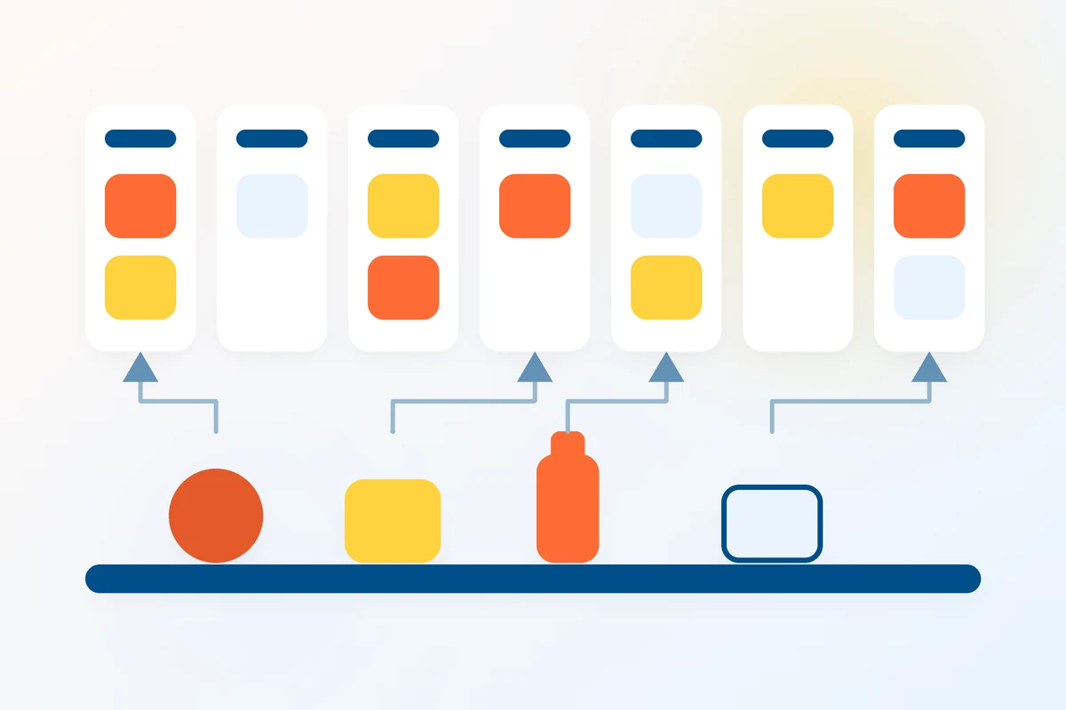 A seven-day meal plan above a pantry shelf, with arrows from stored ingredients to specific days