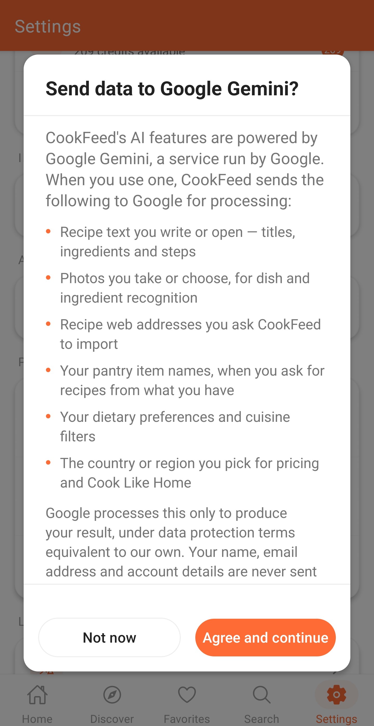 CookFeed asking permission to send data to Google Gemini, listing exactly what is sent