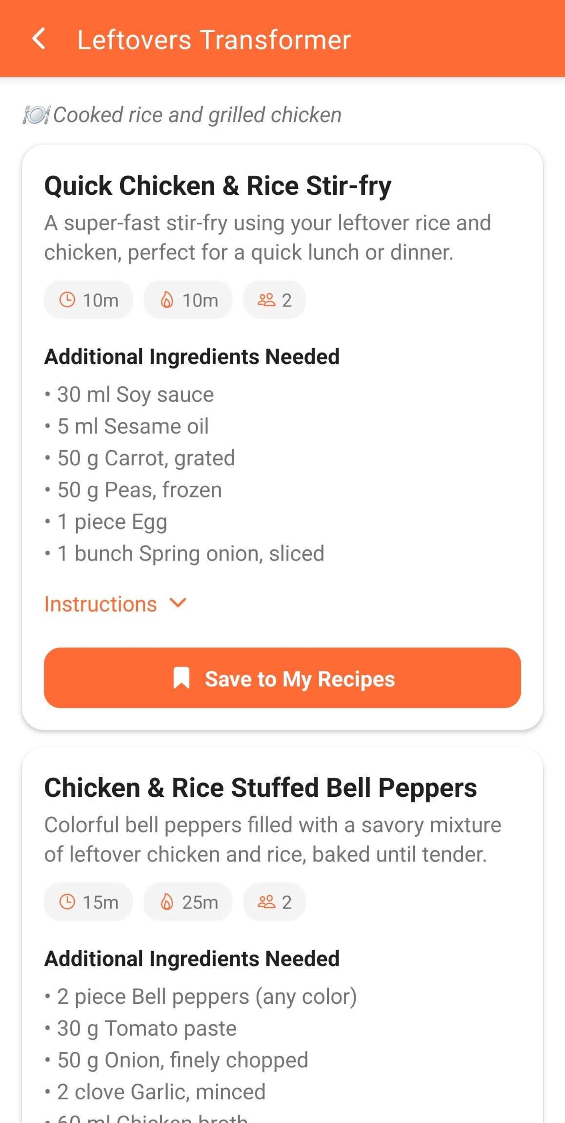 Three leftover recipe suggestions, each with times, servings, and the additional ingredients needed