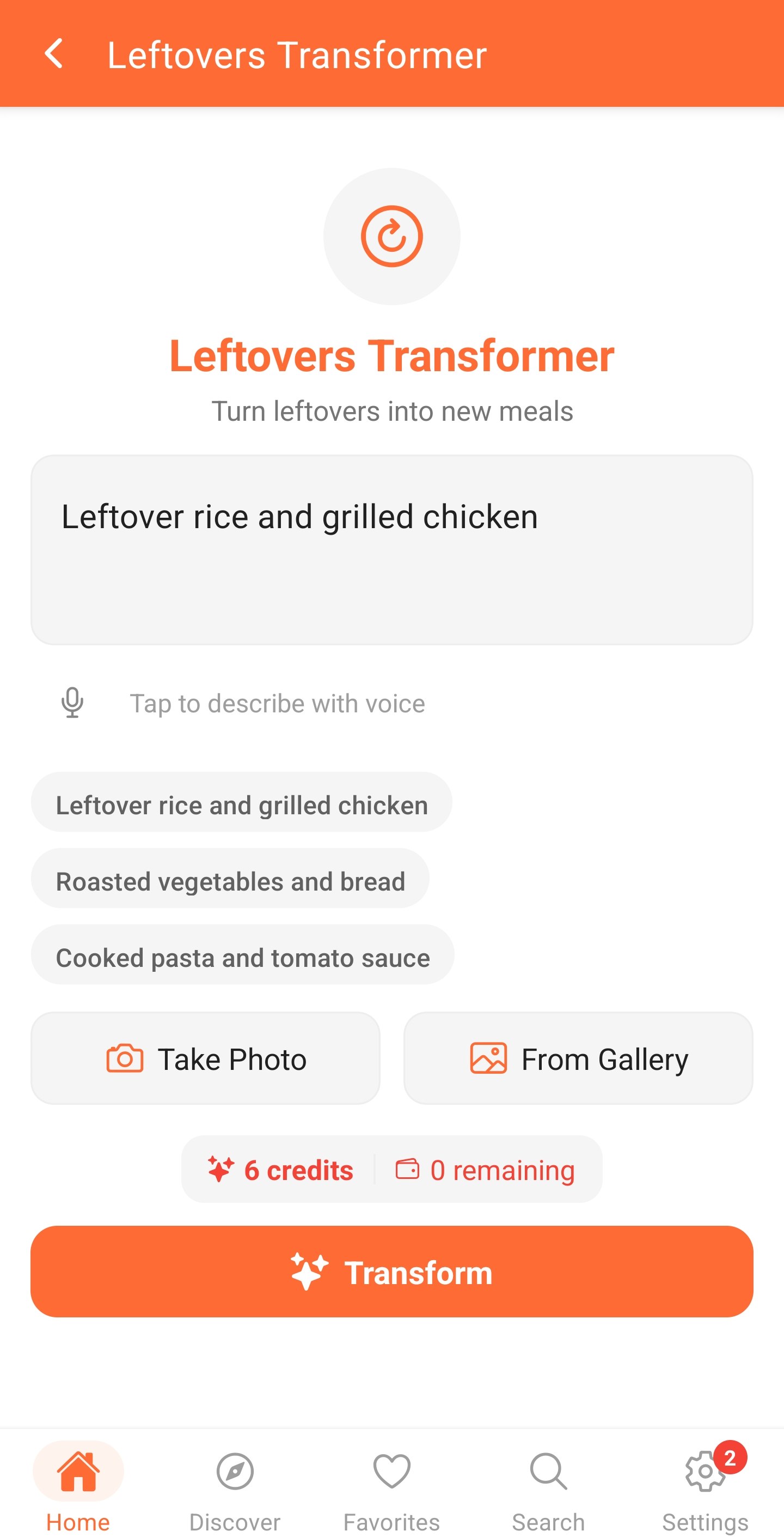 CookFeed Leftovers Transformer with leftover rice and grilled chicken described, and voice and photo options