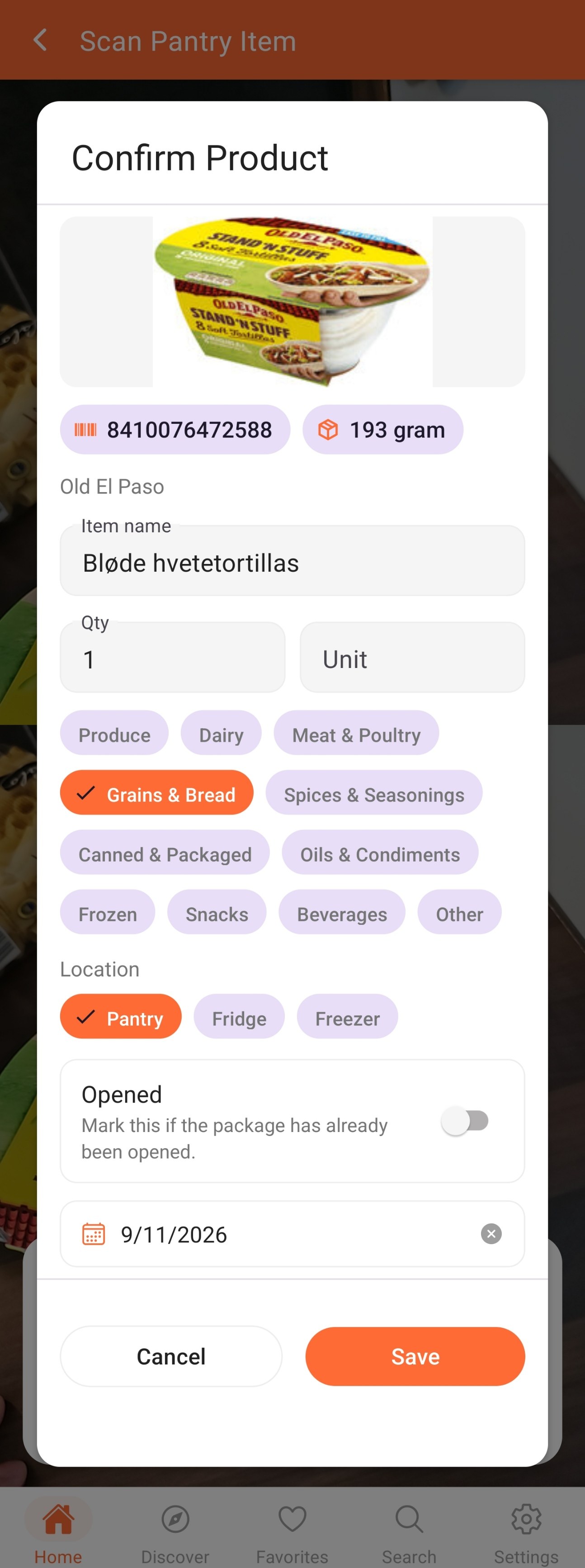CookFeed confirming a scanned pantry product with its name, category, location and a suggested expiry date