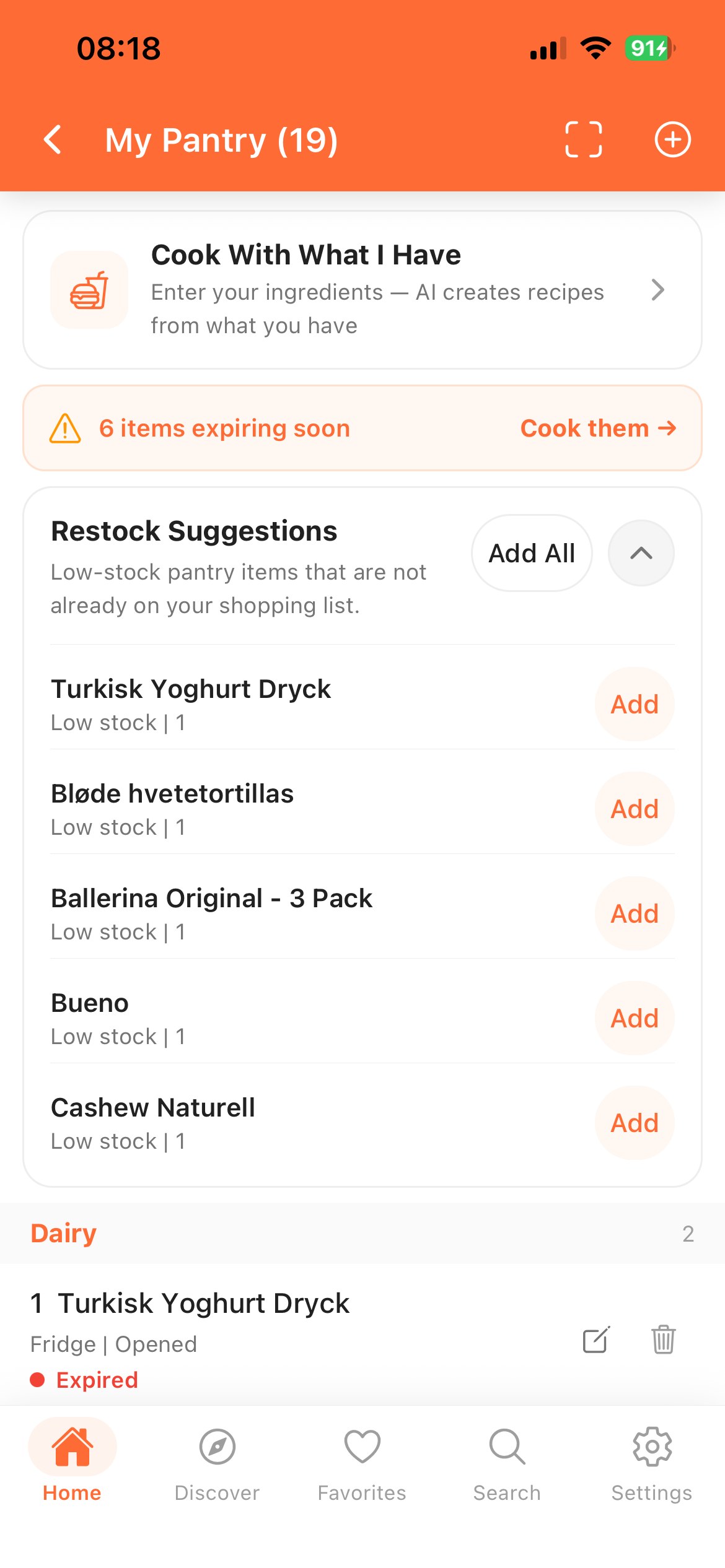CookFeed pantry showing items expiring soon, an expired item, and restock suggestions